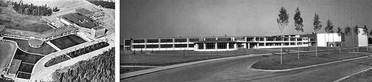 Overhead and exterior views of Anchorage High School